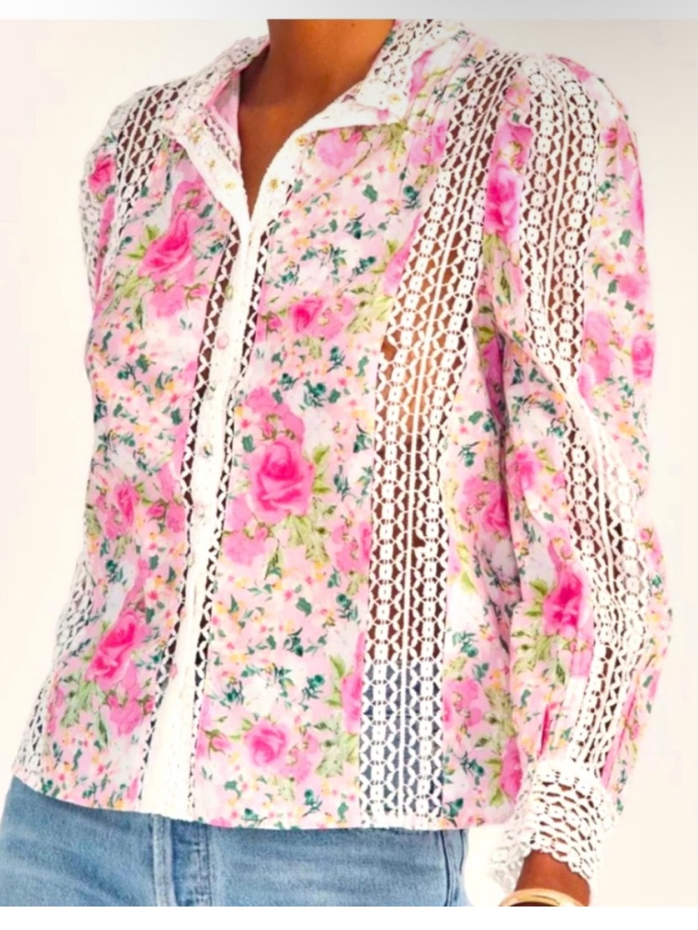 LoveShackFancy Pink Floral Crochet-Trim Button Front Blouse. Rare style. Snaps